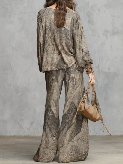 Beatrice | Top a Maniche Lantern Fantasia Paisley Grigio e Pantaloni a Gamba Larga