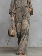 Beatrice | Top a Maniche Lantern Fantasia Paisley Grigio e Pantaloni a Gamba Larga