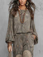 Beatrice | Top a Maniche Lantern Fantasia Paisley Grigio e Pantaloni a Gamba Larga