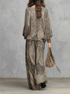 Haut à manches lanternes à motif paisley gris et pantalon large assorti