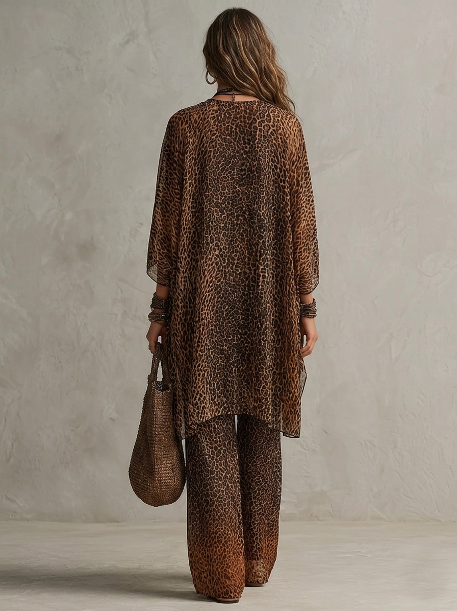 Robe fluide à imprimé léopard dégradé bohème en trois pièces