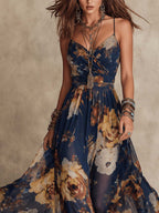 Abito Maxi in Chiffon Blu Navy con Stampa Floreale e Spalline Sottile