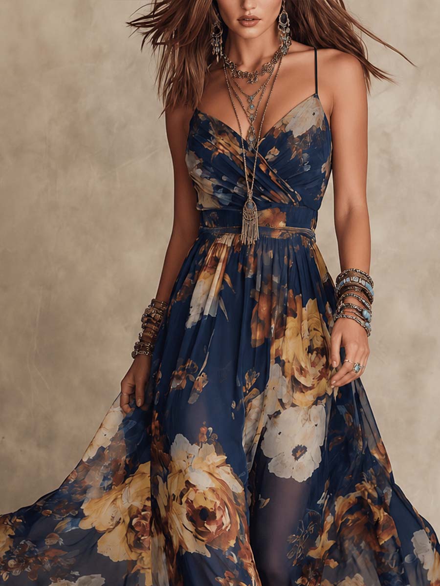 Abito Maxi in Chiffon Blu Navy con Stampa Floreale e Spalline Sottile