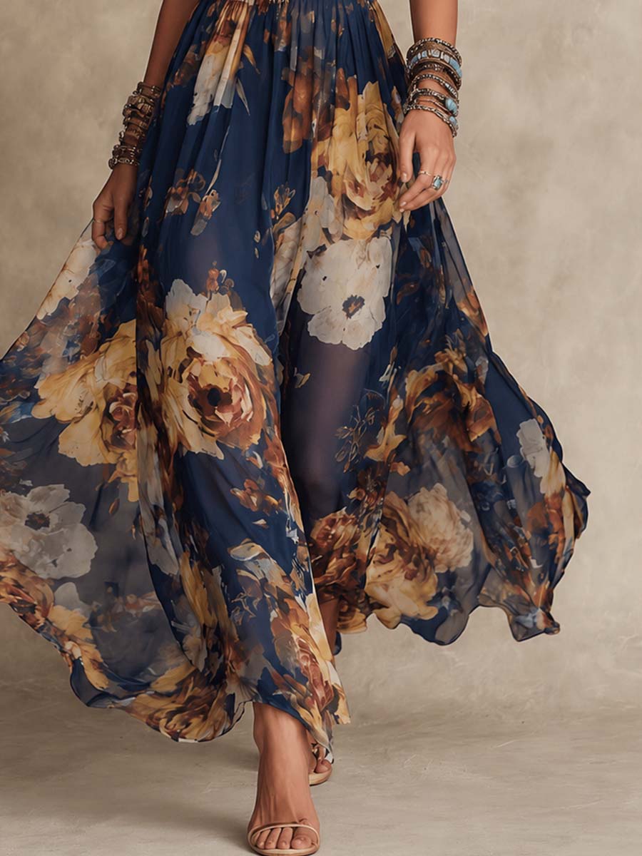 Abito Maxi in Chiffon Blu Navy con Stampa Floreale e Spalline Sottile