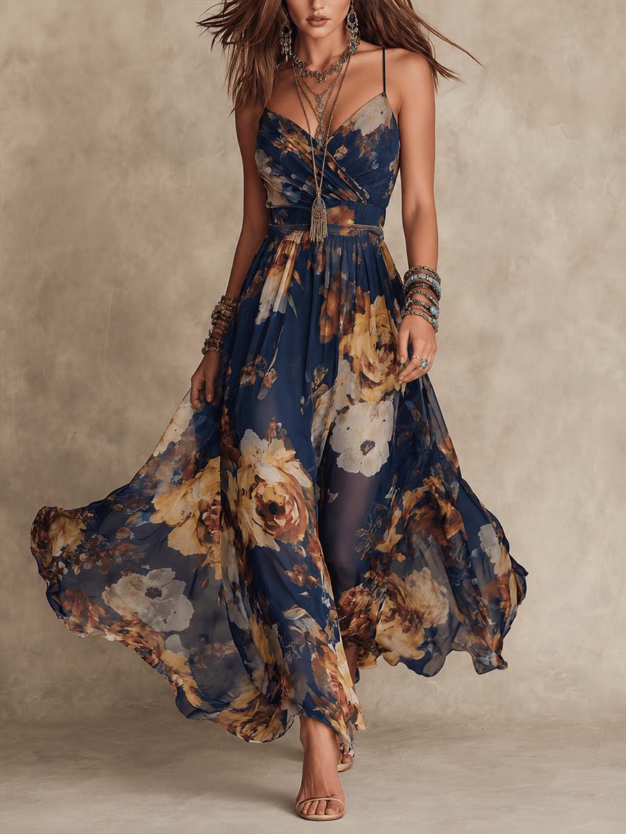 Abito Maxi in Chiffon Blu Navy con Stampa Floreale e Spalline Sottile