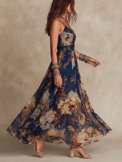 Abito Maxi in Chiffon Blu Navy con Stampa Floreale e Spalline Sottile