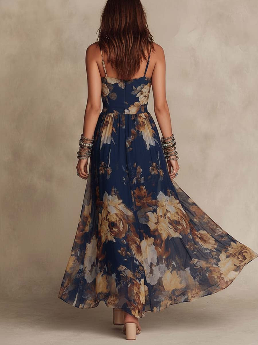 Abito Maxi in Chiffon Blu Navy con Stampa Floreale e Spalline Sottile