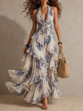 Perla - Abito Lungo con Collo Halter e Volanti, Stampa Floreale Blu e Bianco