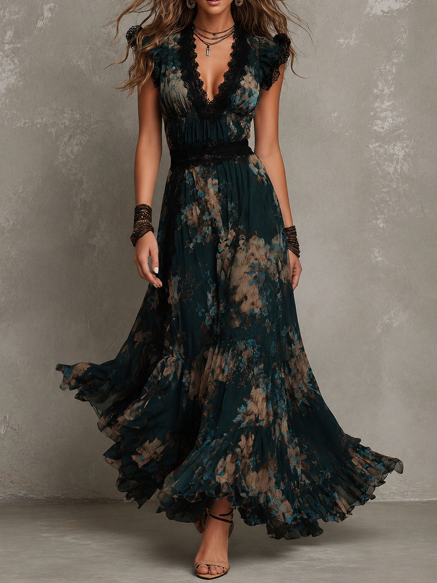 Rosalia - Abito Maxi in Chiffon Verde Scuro con Pizzo Vintage