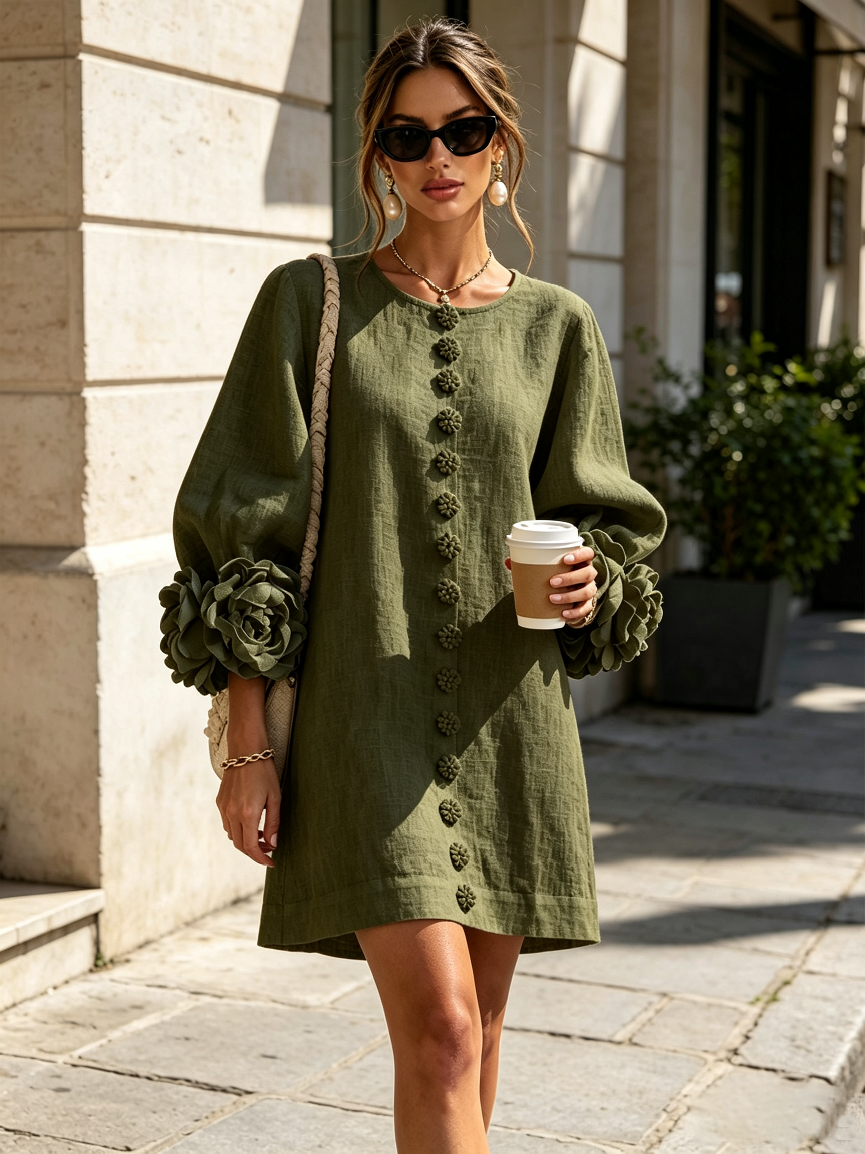 Abito Mini a Camicia Floreale Verde Oliva con Polsini Floreali Stravaganti