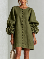Abito Mini a Camicia Floreale Verde Oliva con Polsini Floreali Stravaganti