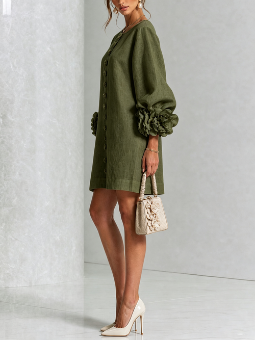 Abito Mini a Camicia Floreale Verde Oliva con Polsini Floreali Stravaganti