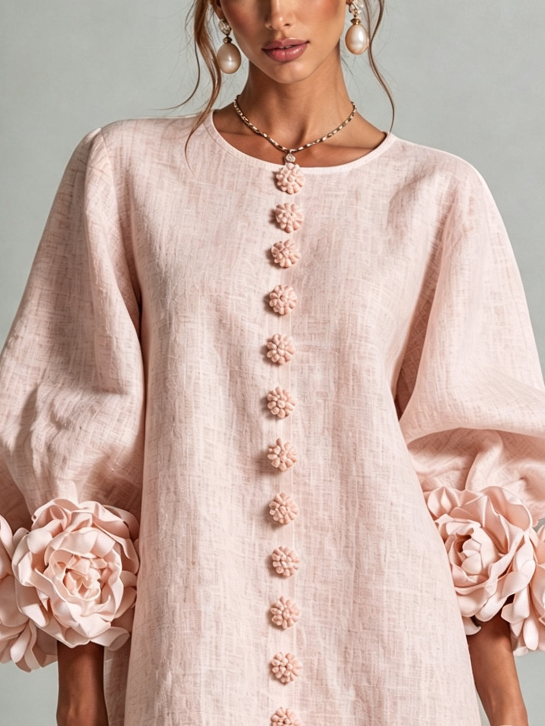 Abito Mini Floreale Rosa Con Bottoni Con Maniche Floreali Sorprendenti