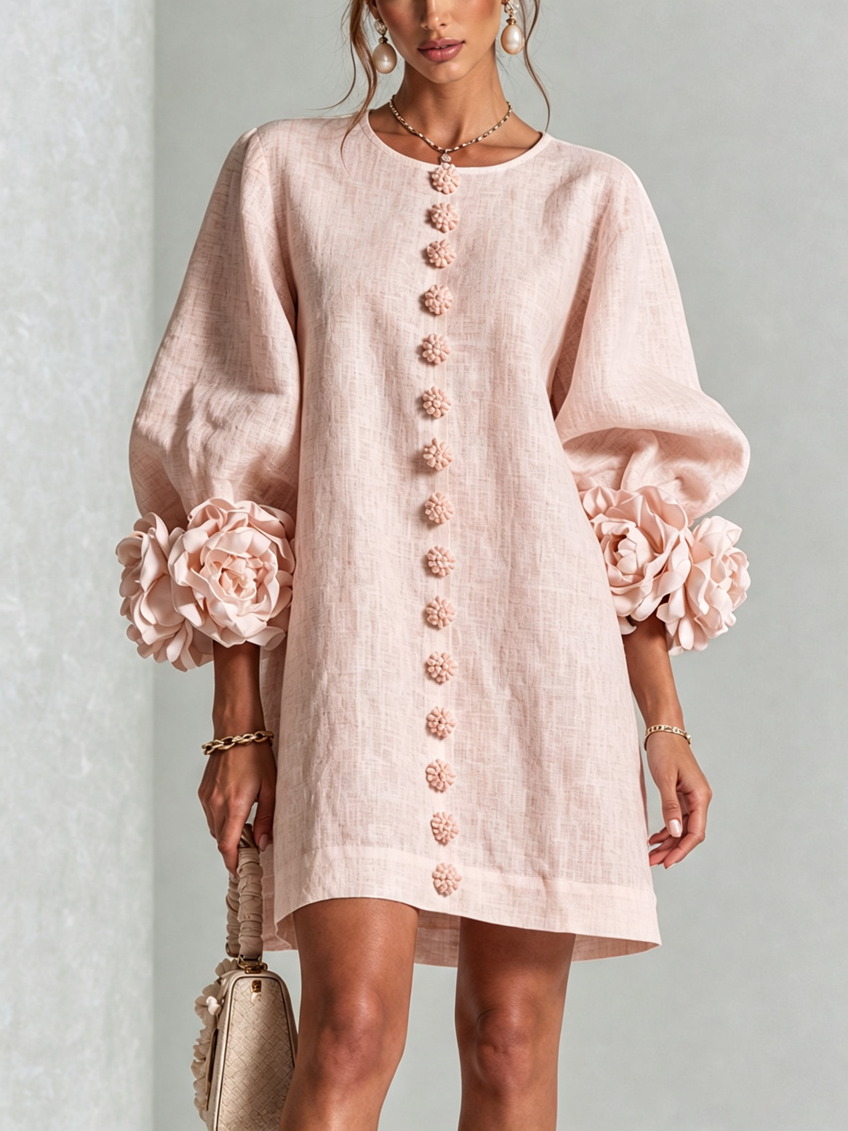 Abito Mini Floreale Rosa Con Bottoni Con Maniche Floreali Sorprendenti