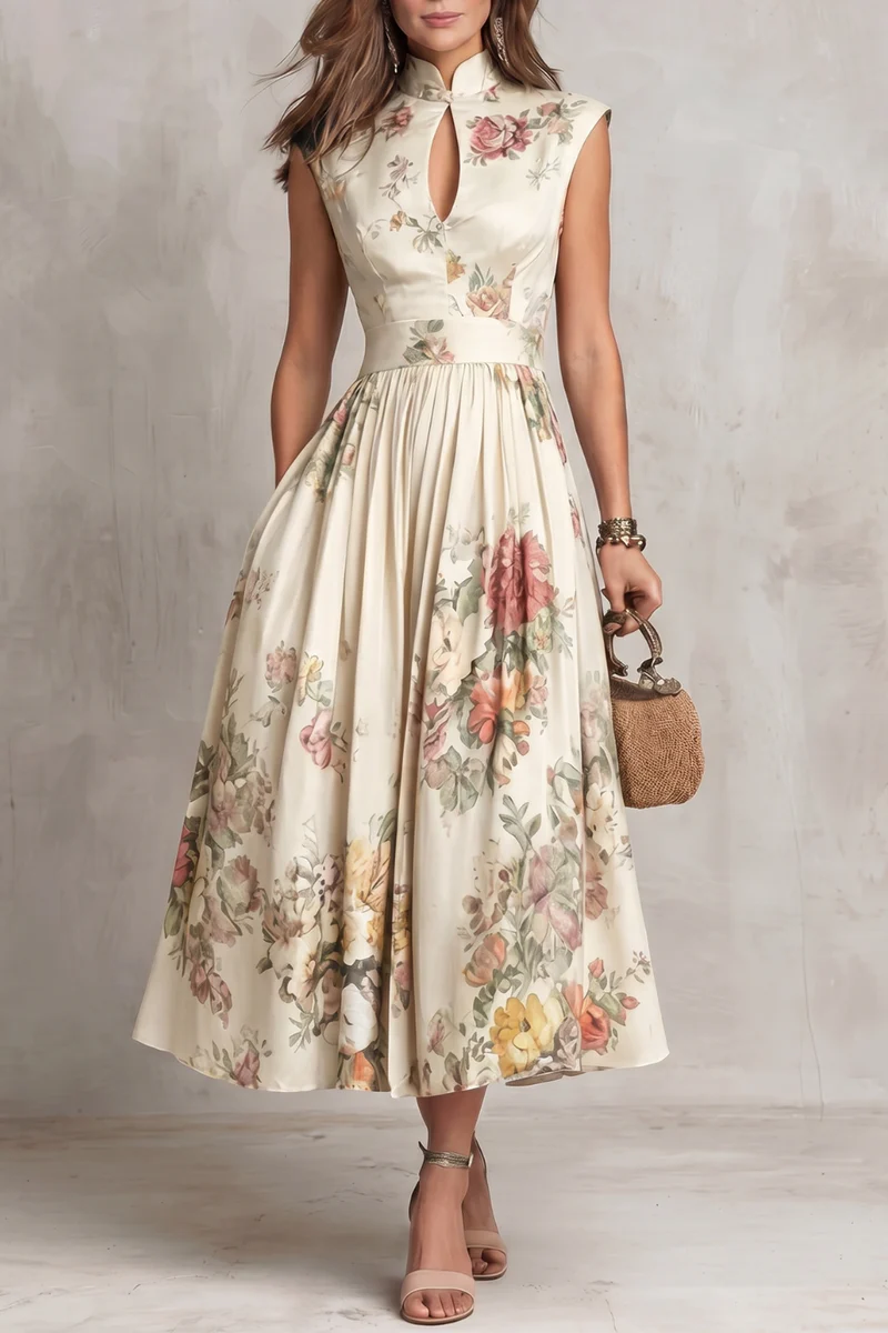 Abito Midi in Satin Pieghettato con Collo a Fessura Nera