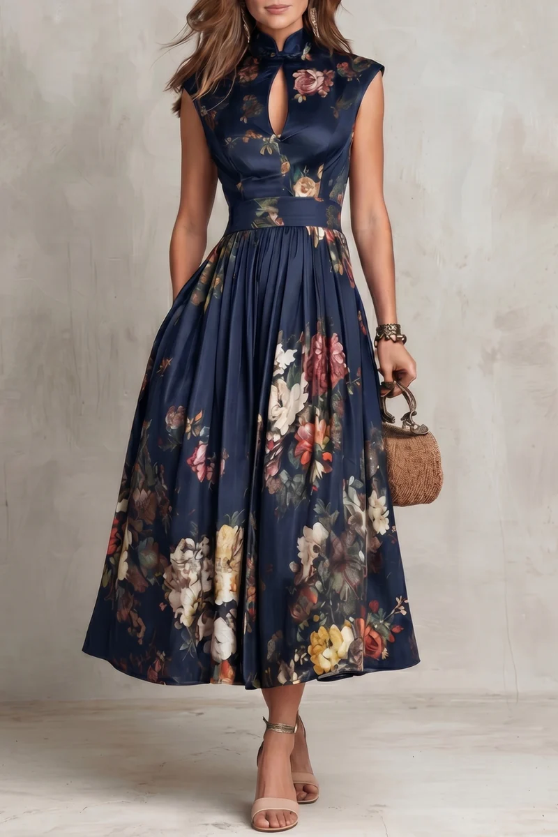 Abito Midi in Satin Pieghettato con Collo a Fessura Nera