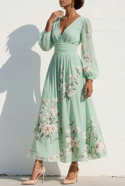 Camilla | Abito Maxi Plissé in Chiffon Verde Menta con Stampa Floreale