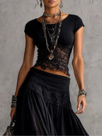 Fiamma | Top Nero in Pizzo Trasparente con Pannelli e Set di Gonna Maxi Plissettata