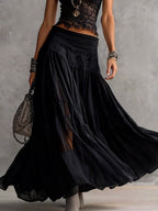Ludovica | Set Top in Pizzo Nero Trasparente e Gonna Maxi Plissettata