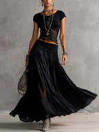 Fiamma | Top Nero in Pizzo Trasparente con Pannelli e Set di Gonna Maxi Plissettata